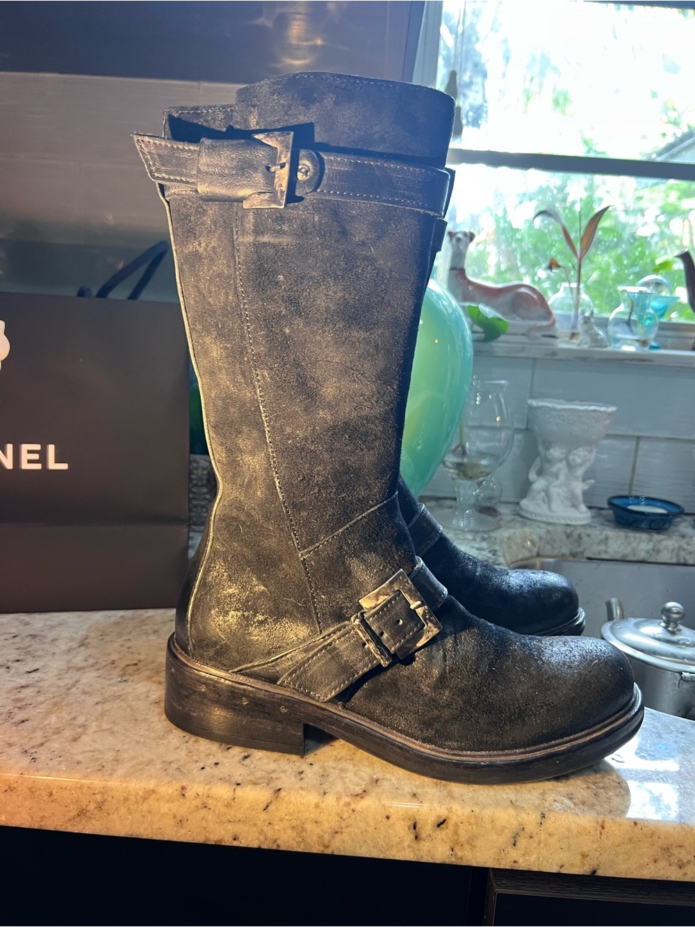Moma Black Suede Buckle Mid-Calf Combat Boots NWOT 7 1/2